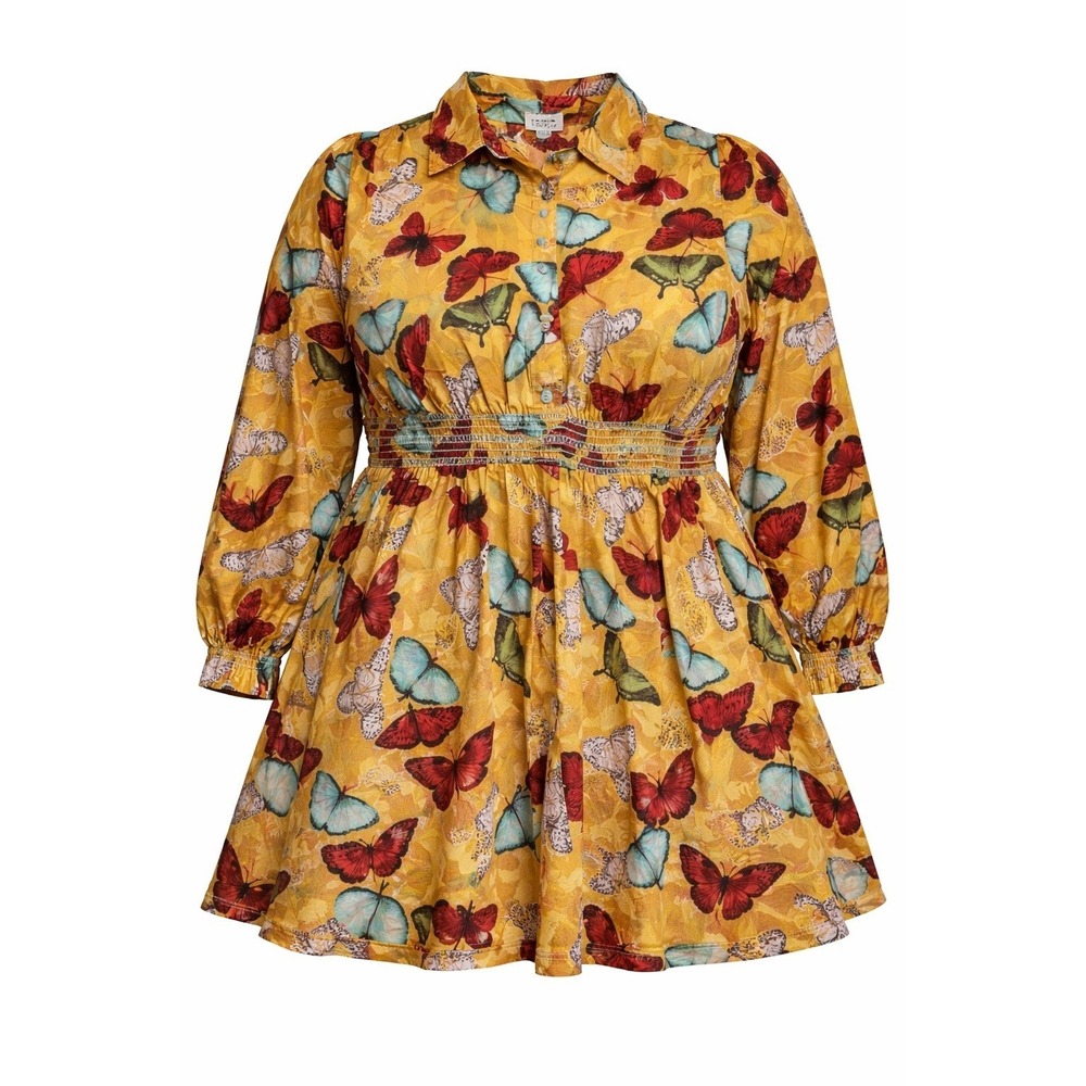 Unique Vintage Women's 3X Yellow Butterfly Print Retro Swing Chiffon Dress NWT